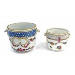 Small Dresden porcelain twin-handled circular jardiniere, painted and gilded with roses on a white