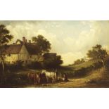 Attributed to Edward Robert Smyth (1810-1899) - Figures and horses beside a pond, cottages nearby