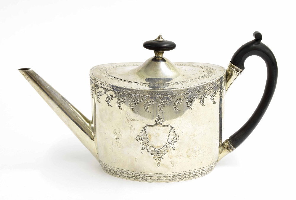 George III oval silver engraved teapot, with hardwood handle and finial, maker John Schofield,