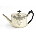 George III oval silver engraved teapot, with hardwood handle and finial, maker John Schofield,