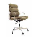 'Ring Mekanikk' soft pad desk chair by Charles Eames, in grey/brown fabric on castors, stamped