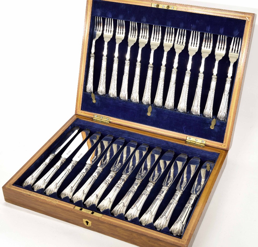 Albany pattern twelve setting silver fish knives and forks, maker Hawksworth, Eyre & Co Ltd.