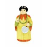 Royal Worcester porcelain candle snuffer modelled as a Chinaman, wearing a yellow and orange gown,