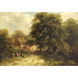 A*R* Walker (19th century) - Sunlit country lane with a mother and child seated beside a log, a