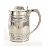 George III silver dome top lidded tankard, of ovoid barrel reeded form with engraved presentation