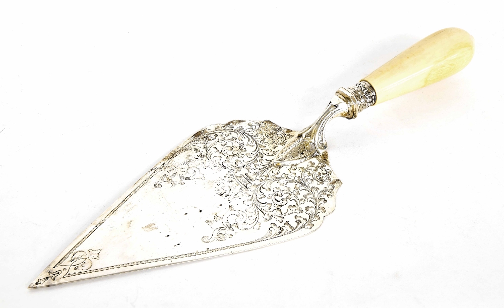 Victorian silver engraved cake slice with ivory handle, maker Levesley Brothers, Sheffield 1876, 13"