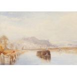 English School (19th century) - River landscape with figures on a barge, possibly a scene on the