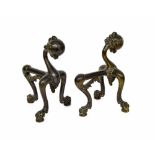 Pair of 19th century cast bronze andirons, modelled with ball and claw feet, 11" high