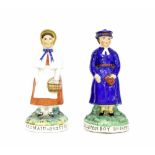 Pair of Victorian Staffordshire figures of 'Red Maid' and 'Colston Boy', Bristol, both raised on