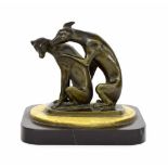 Art Deco bronze sculpture of two seated dogs in the manner of Irenee Rene Rochard, mounted upon a