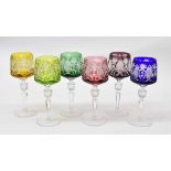 Set of six multi-coloured overlaid cut glass wine hocks, each 8" high (6)