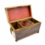 19th century rosewood and boxwood banded tea caddy, with two brass lion head and ring handles, the