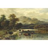 William Langley (1852-1922) - Highland cattle watering in a Scottish landscape, signed, oil on