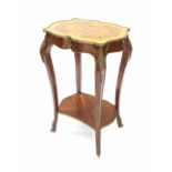 Decorative French kingwood and gilt metal two tier occasional table, the marquetry floral shaped top