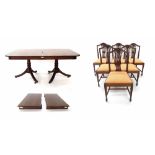 Good quality replica mahogany D end twin pedestal dining table, with two extra leaves, together with