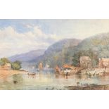 F*Browning (19th century) - An extensive river landscape with figures unloading a boat by a