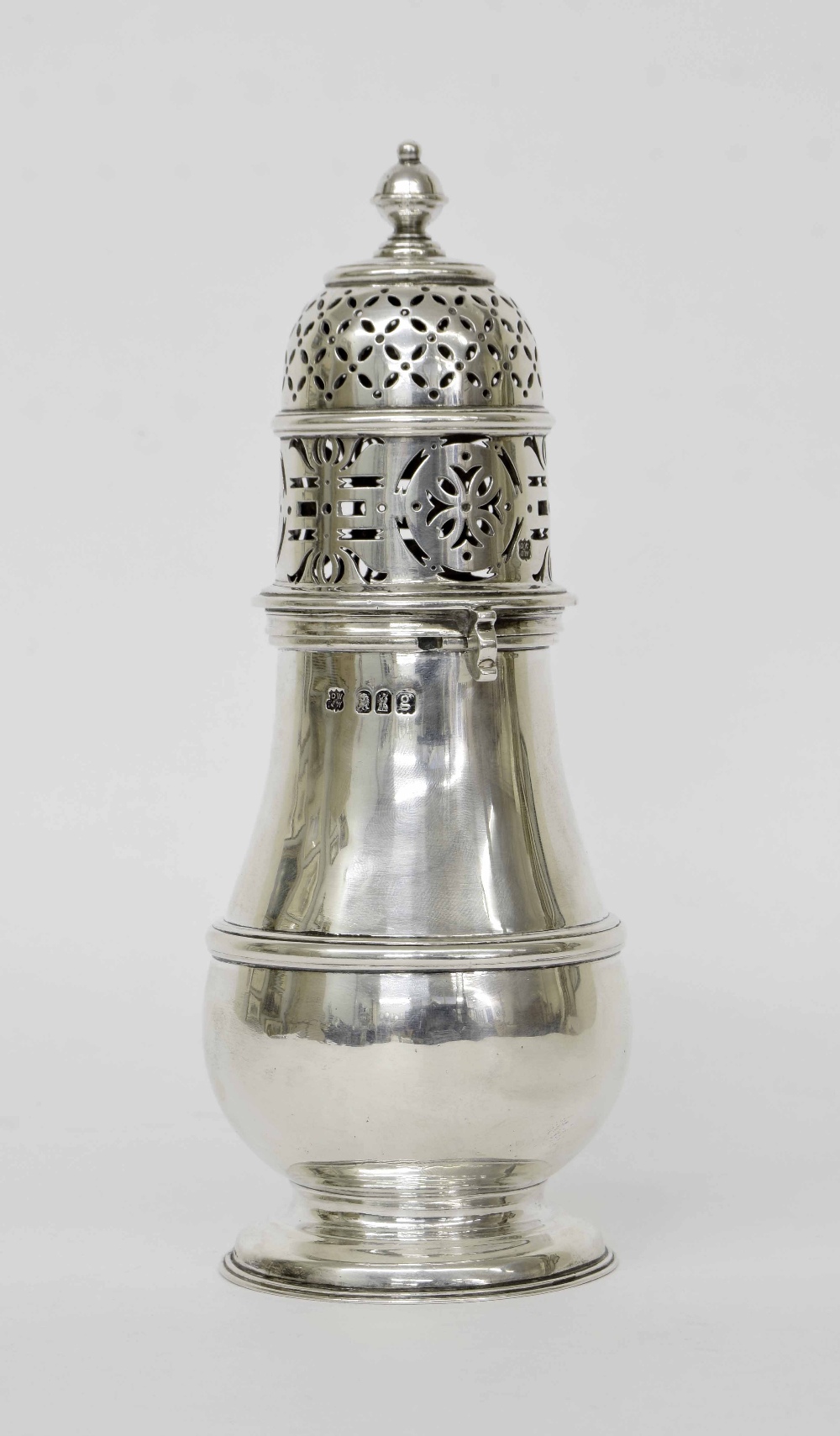 Edwardian Britannia standard silver sugar sifter of baluster form, maker Daniel & John Wellby,