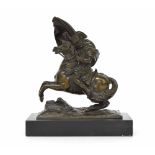 19th Century School - bronze model of Napoleon on horseback, mounted upon a rectangular slate socle,