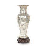 Chinese silver metal baluster shape vase, with foliate engraving, stamped marks, vase 10.5" high,