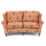 Modern two seater concave sofa, in red damask upholstery, 73" wide, 38" high