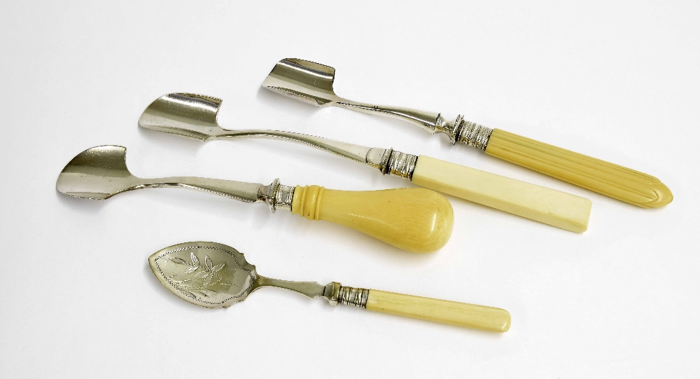 Three various ivory handled and plated stilton scoops; also an early 20th century ivory handled