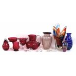 Cranberry glass jug, Murano type art glass vase and other assorted decorative glassware