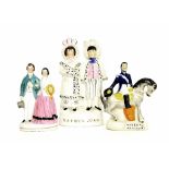 Three Victorian Staffordshire pottery flatback figures, including Marshal Arnaud and Derby & Joan,