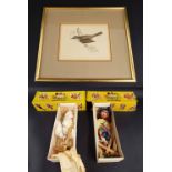 Two boxed Pelham puppets; together with a framed coloured print depicting a Lesser Whitethroat (3)