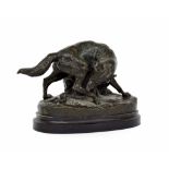 French bronze match-pot modelled as a fox and snake upon an oval slate plinth, signed 'E. Gouget, 3"