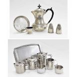 Craftsman pewter planished hot water jug, English pewter condiment set and a stainless steel tea