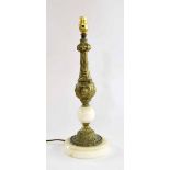 Decorative French style gilt metal and marble table lamp with shade, the base 15.5" high