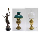 French patinated spelter table lamp of a young lady upon an entitled ebonised socle, 20" high; brass