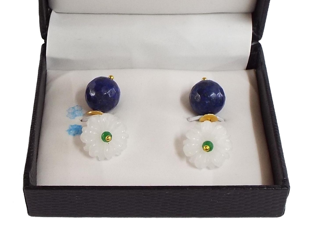 Pair of chalcedony and lapis lazuli cufflinks with emerald accents, boxed