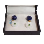 Pair of chalcedony and lapis lazuli cufflinks with emerald accents, boxed