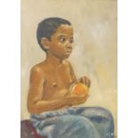 Madagascan School (20th/21st century) - Young boy holding an orange, signed with initials B.J.R.,