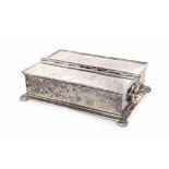 Silver plated rectangular desk stand, with double hinged lidded compartments, carry swing handles