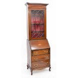 Edwardian mahogany inlaid lady's bureau bookcase, the raised back with an astragal glazed door