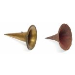 Large brass phonograph horn, 29.5" long, 15" diameter bell; also a large petal panelled 'Japanese