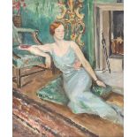 Olive Snell (20th century) - Interior scene with a lady reclining beside a fireplace, signed and