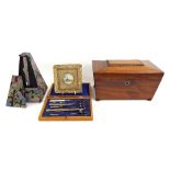 Victorian mahogany sarcophagus tea caddy, 11" wide; Wittner metronome, cased draughtsman's set and a