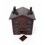 Interesting novelty workbox in the form of a house, the gabled hinged top opening to reveal a