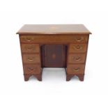 Edwardian mahogany cross banded and satinwood inlaid kneehole desk, the single long drawer over