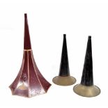Phonograph horns - replica Edison 'Red Gem' and two painted brass examples (2)