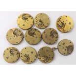 Ten lever pocket watch movements with dials for repair to include centre seconds chronograph