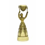 Continental gilt metal and green glass wager cup, in the form of a lady in period dress holding