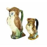 Two graduated Majolica owl jugs, the largest 9.75" high (2)