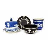 Jasper Ware - to include a circular cheese dish and associated stand, jardiniere, Wedgwood black and