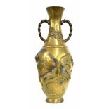 Japanese bronze slender ovoid vase, applied in relief with birds amidst flowering foliage, with