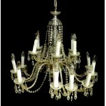 Large cut and moulded glass chandelier in the Regency manner, with crystal lustre swags and
