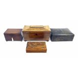 Victorian rosewood tea caddy, 6.5" high, 13" wide; together with a further tea caddy and two boxes